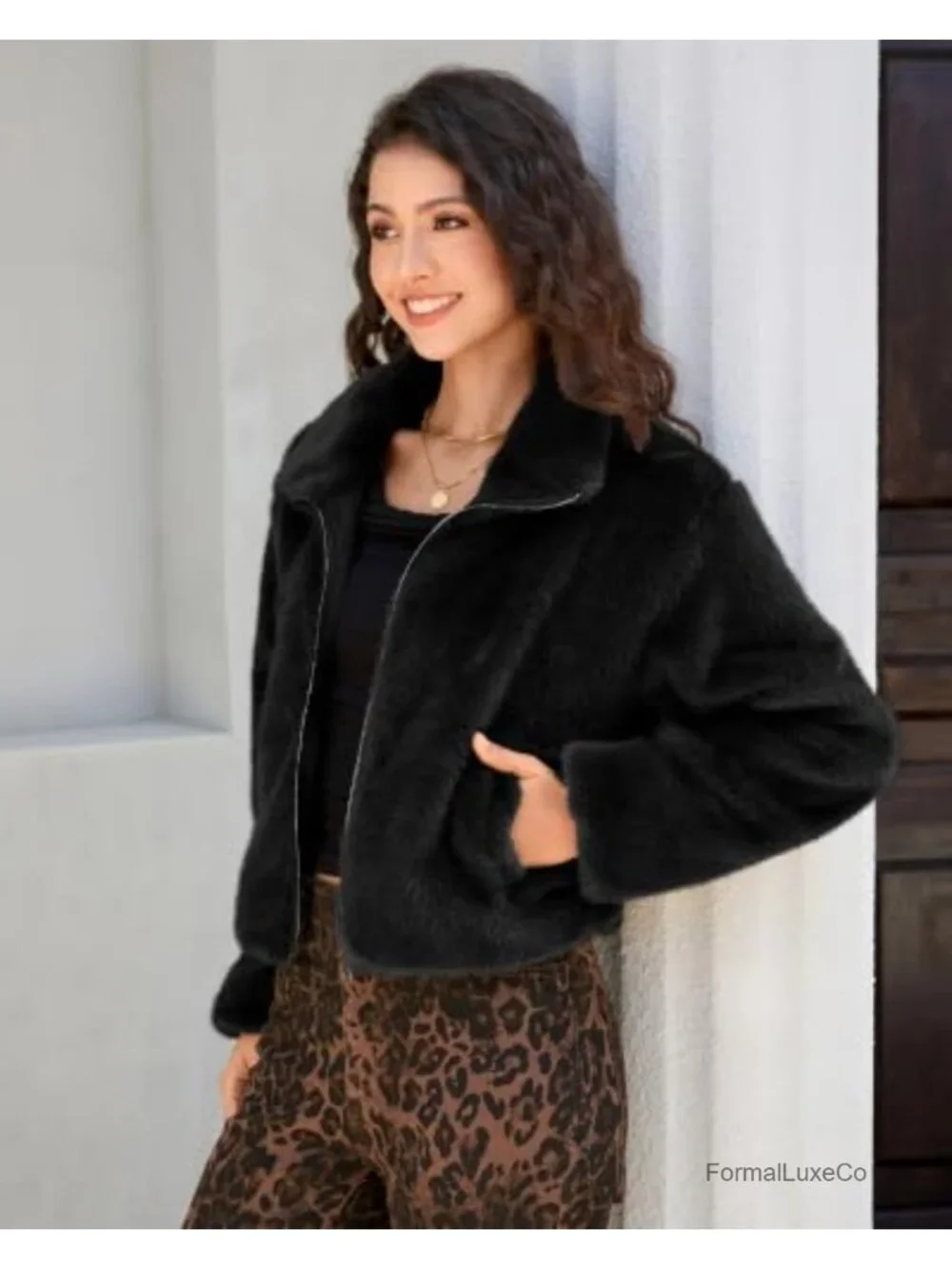 Faux Fur Cropped Jacket Women Full Zip Fuzzy Winter Coat